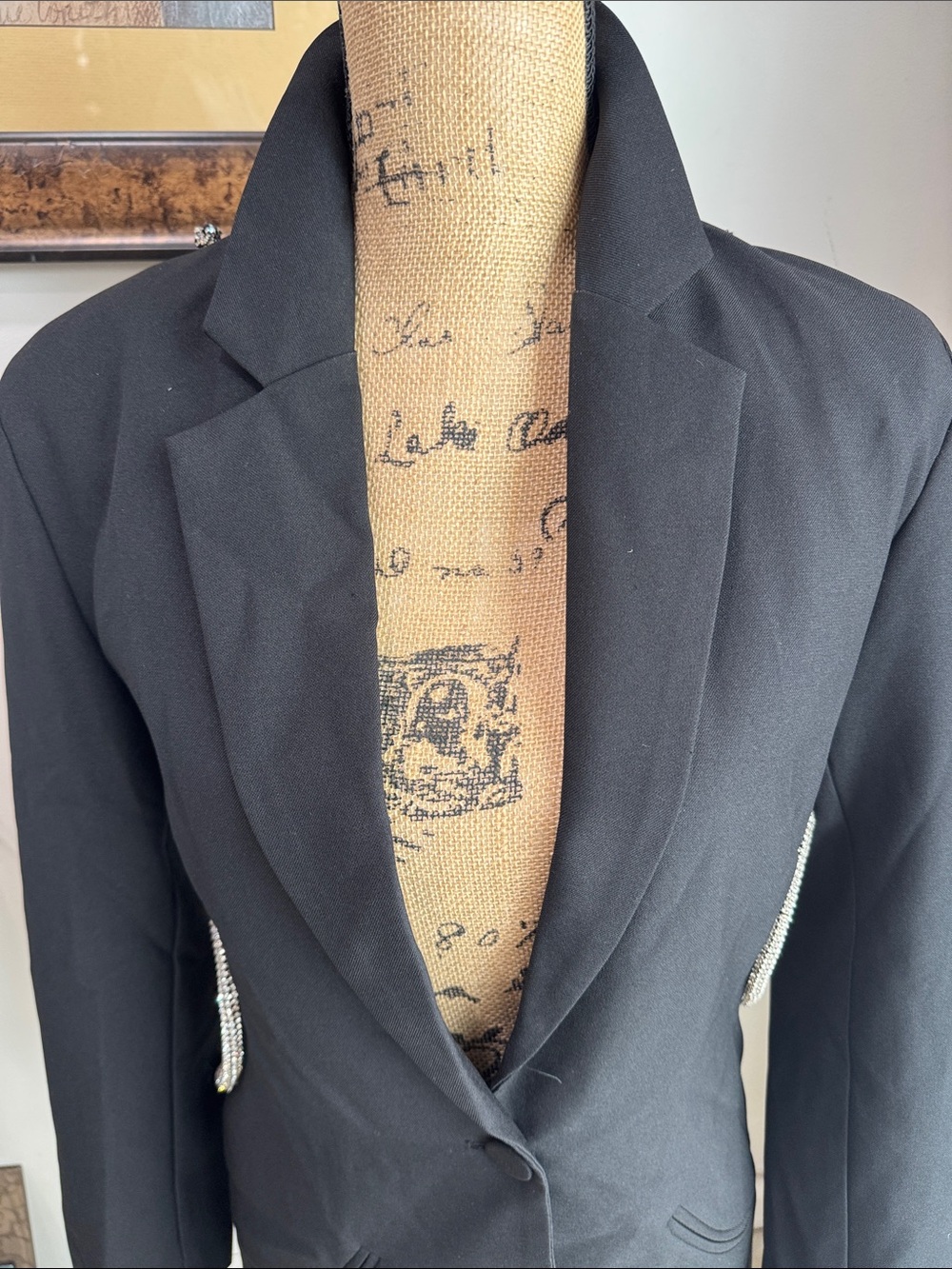 Women's Black Single-Button Blazer with Rhinestone Side Trim - Picture 2 of 5